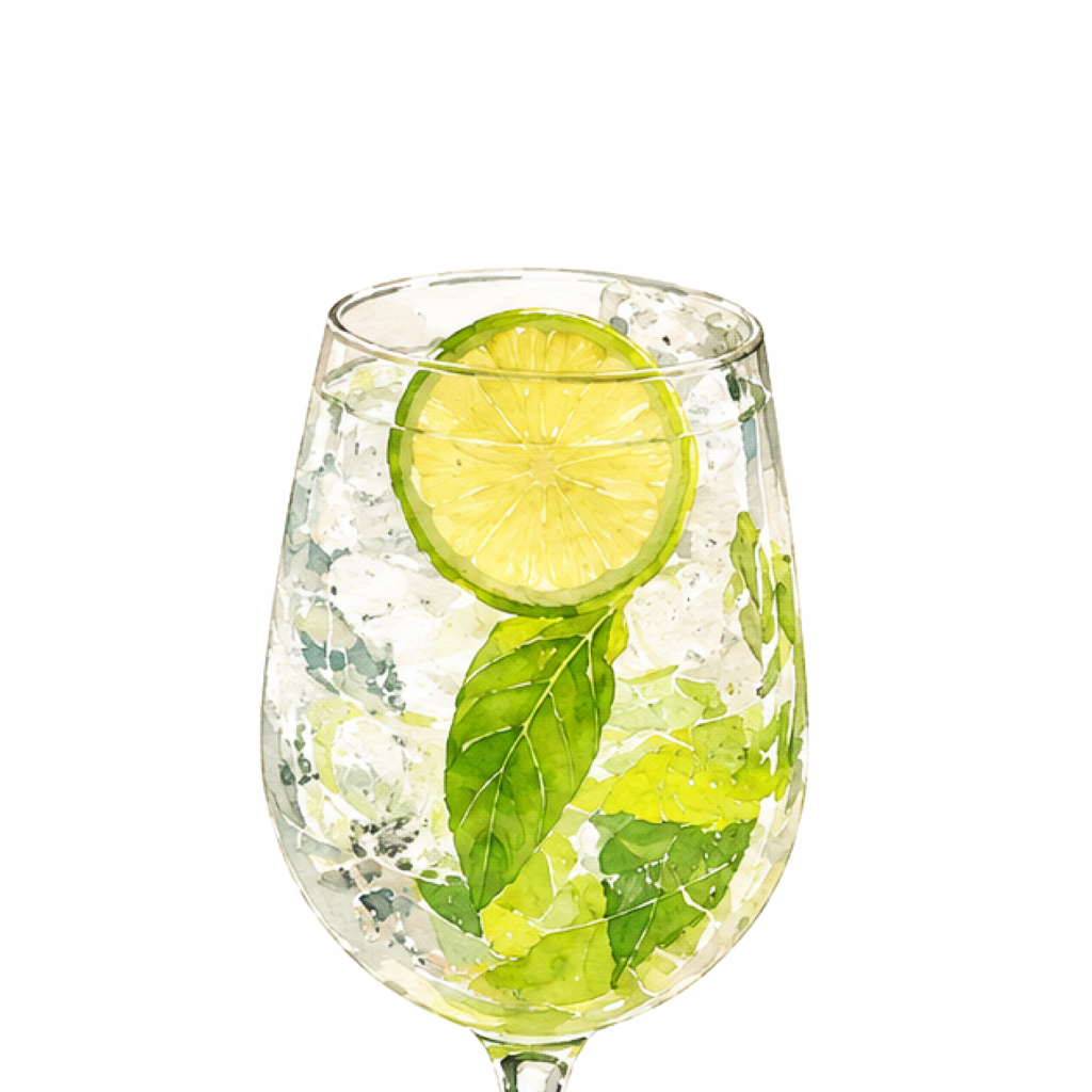 Clear cocktail with lime and basil garnish.