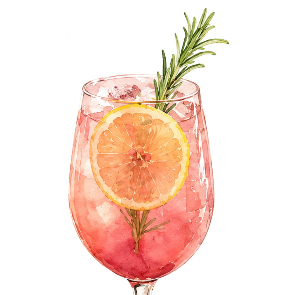 Pink cocktail with lemon and rosemary garnish.