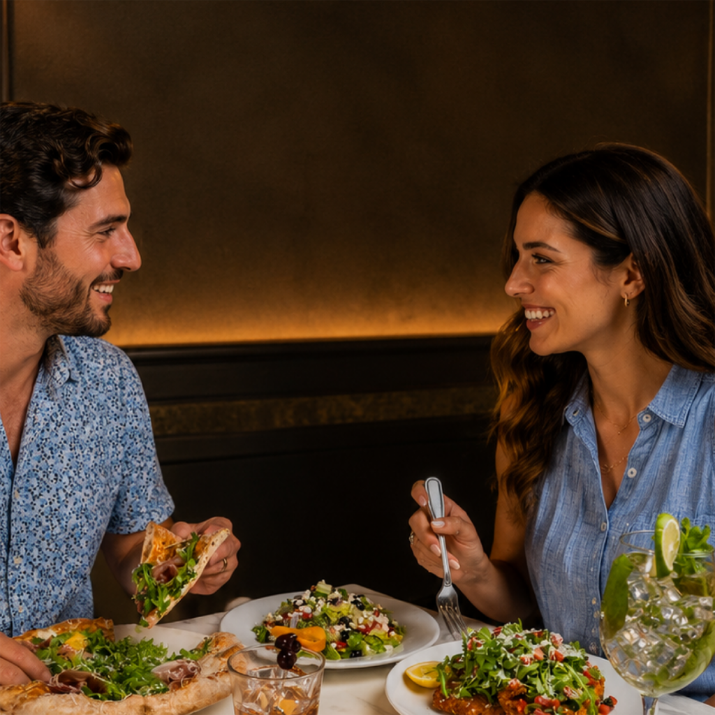 Couple enjoying dinner and drinks at a restaurant.