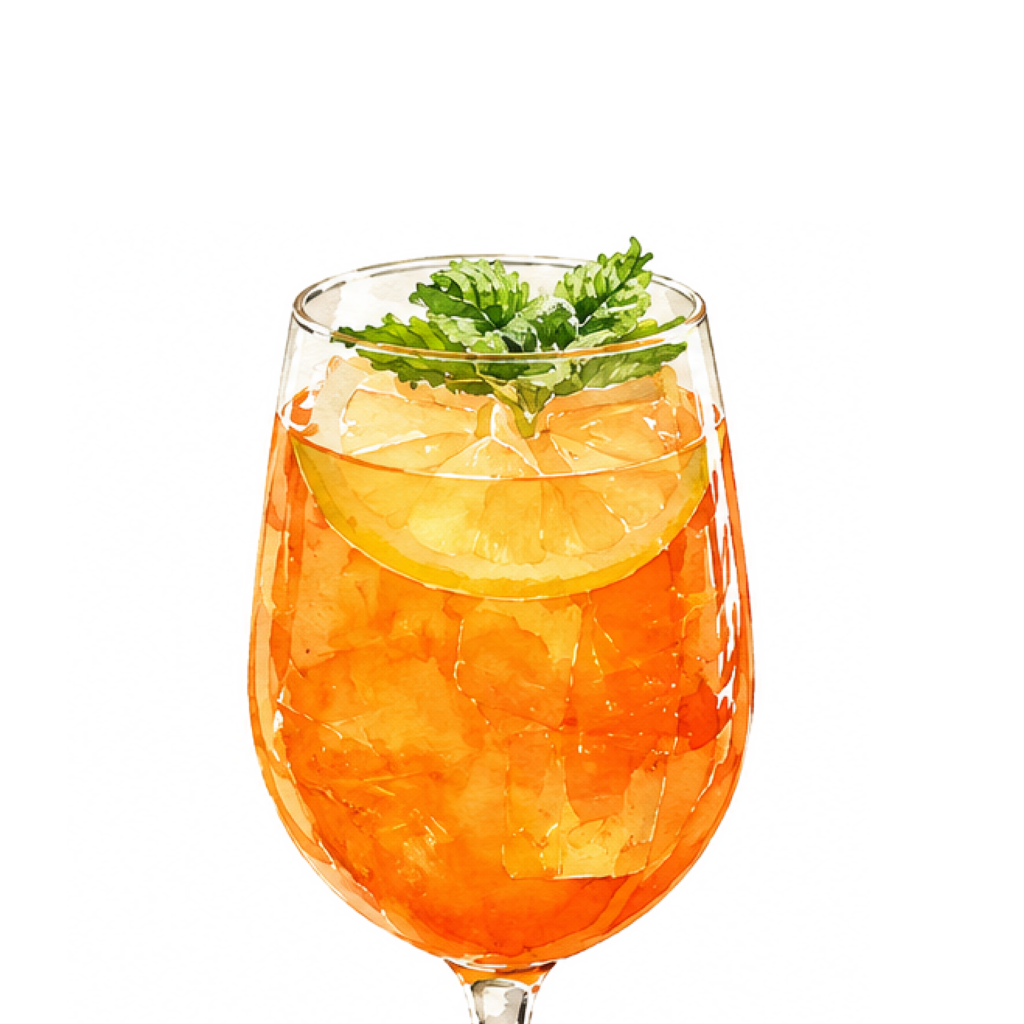 Orange cocktail with citrus and herb garnish.