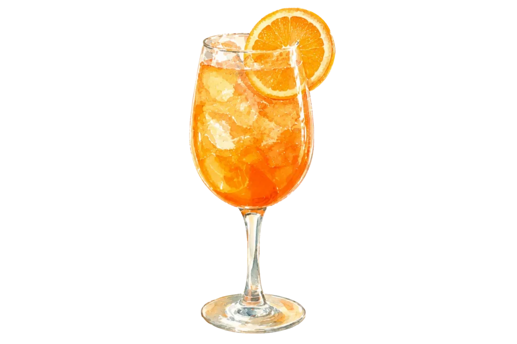 Bright orange Aperol spritz served over ice with an orange slice.