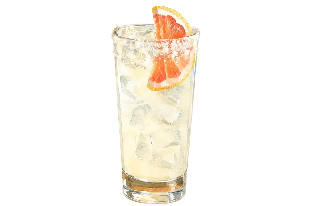 Pale margarita served over ice with a salted rim and blood orange garnish.