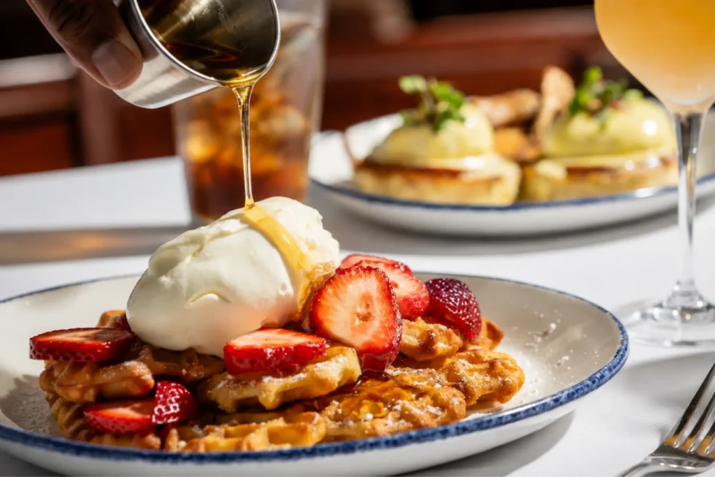 Strawberry waffles topped with whipped cream and syrup.