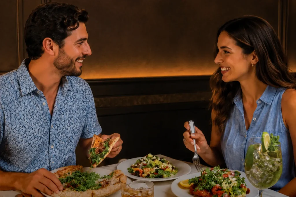 Two guests enjoying pizza, salad and drinks at dinner.