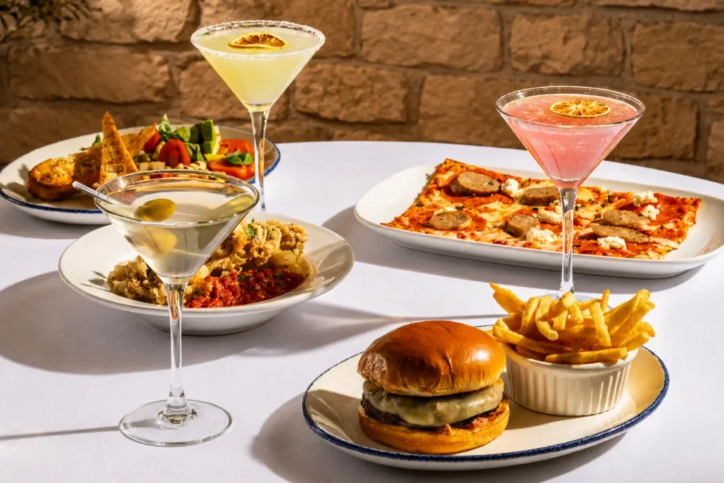 Cocktails served with flatbread, a burger, fries and appetizers.