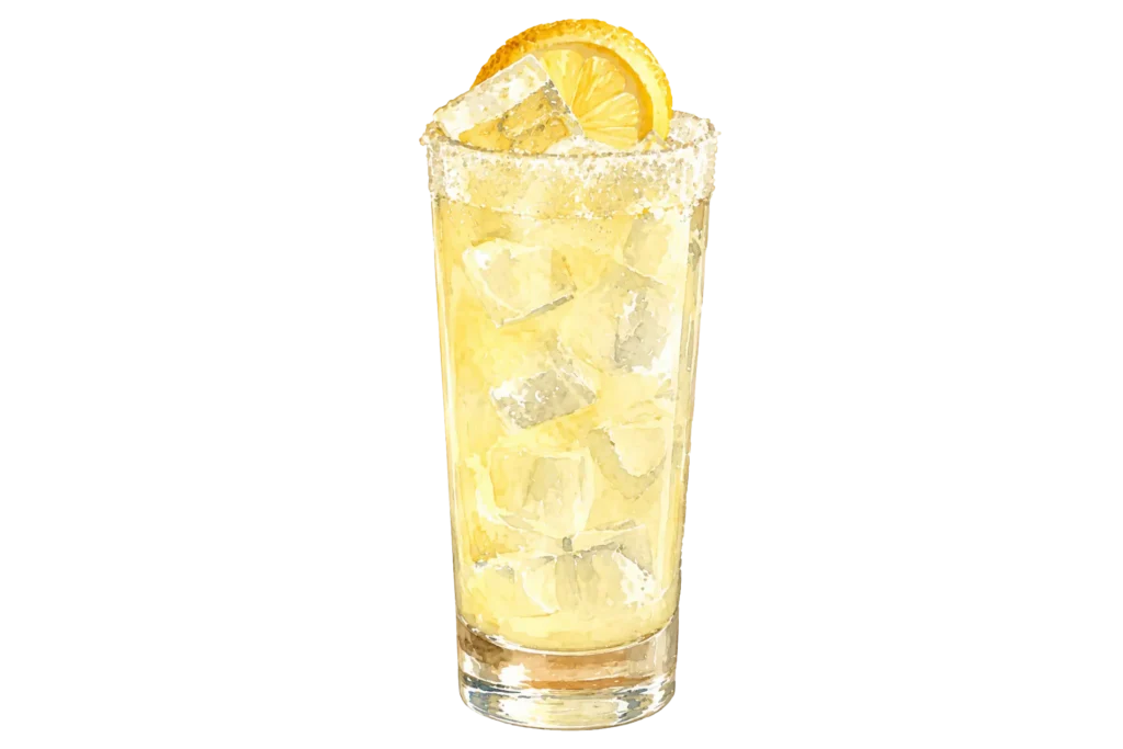Pale yellow cocktail served over ice with a salted rim and lemon garnish.
