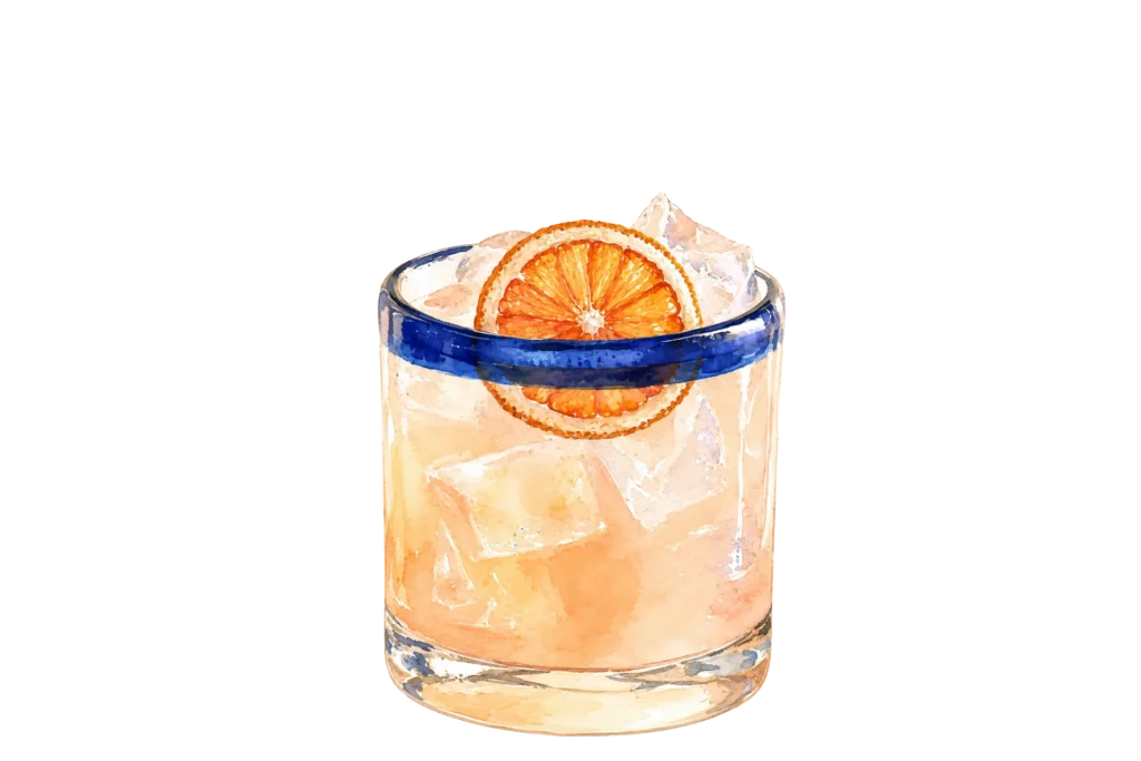 Pink Paloma served over ice in a blue-rimmed glass with a dried orange slice.