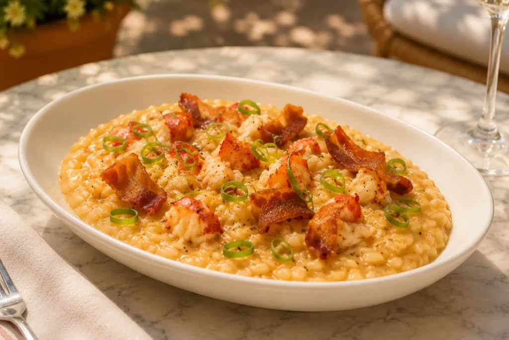 Creamy risotto topped with lobster, crispy pancetta, scallions and black pepper.
