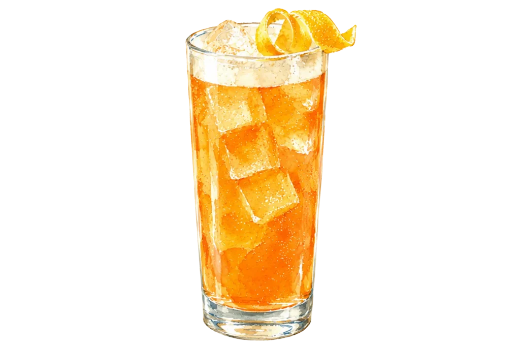 Amber cocktail served over ice in a tall glass with an orange twist.