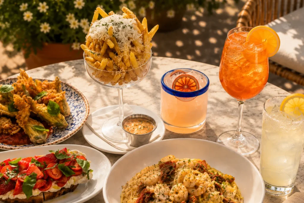 Outdoor table spread with pasta, truffle fries, bruschetta and colorful cocktails.