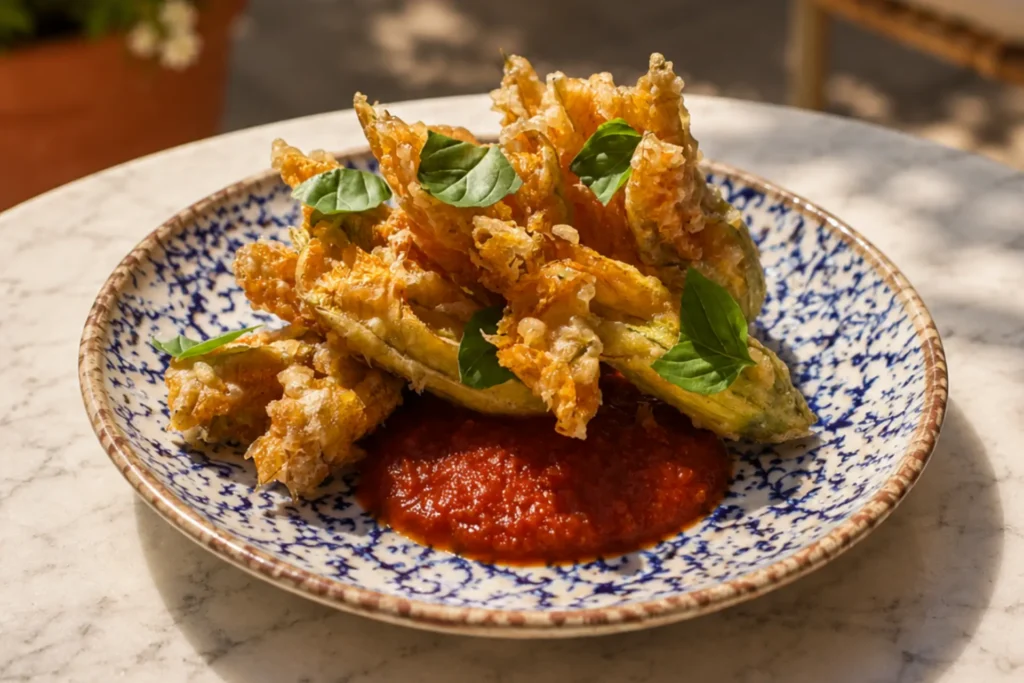 Crispy fried squash blossoms with fresh basil served over tomato sauce.
