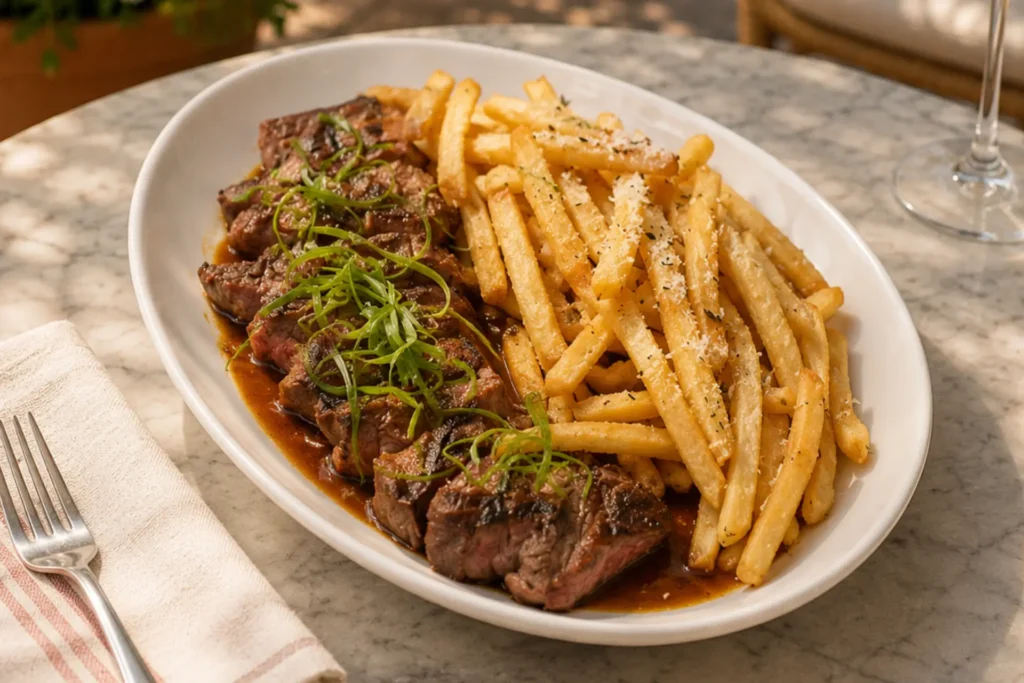 Sliced steak with scallions and sauce served alongside Parmesan fries.