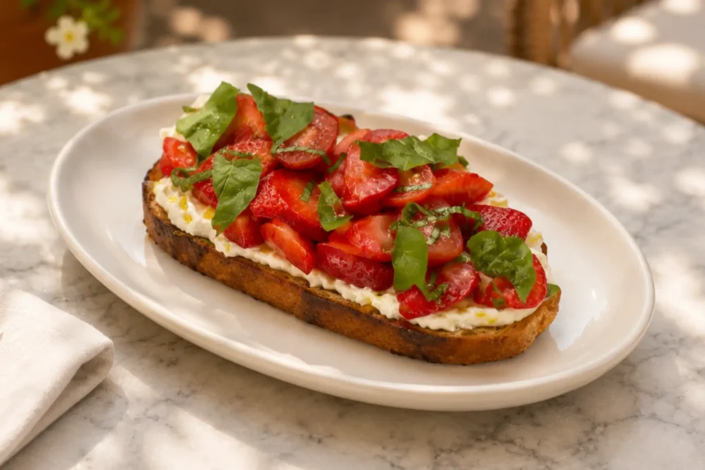 Grilled bread topped with creamy cheese, strawberries, tomatoes and fresh basil.