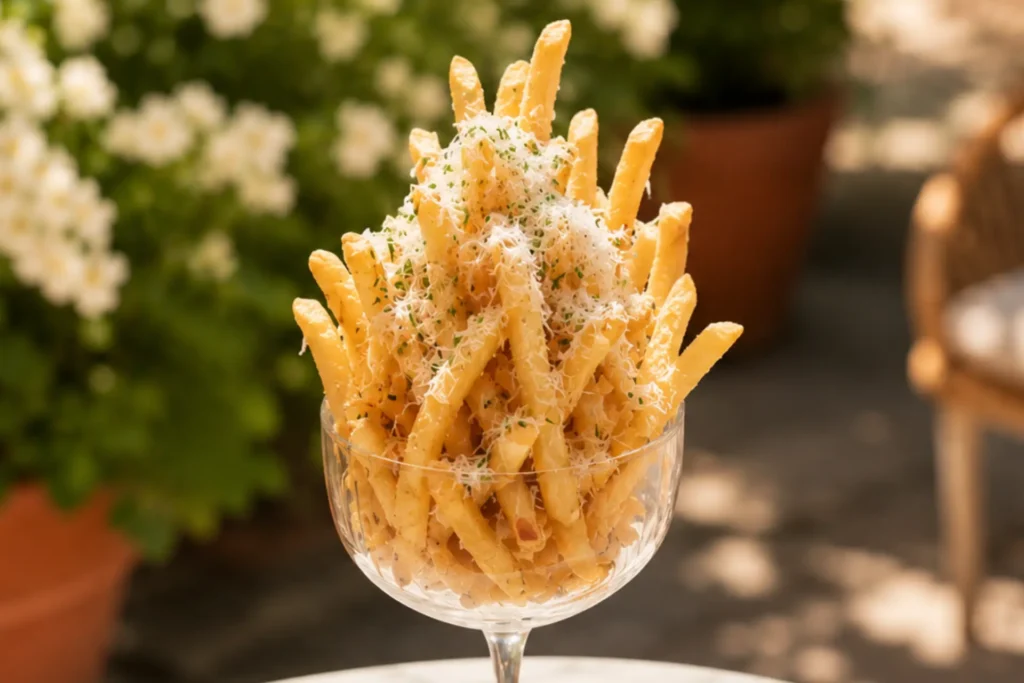 Truffle fries topped with grated Parmesan and herbs in a stemmed glass.