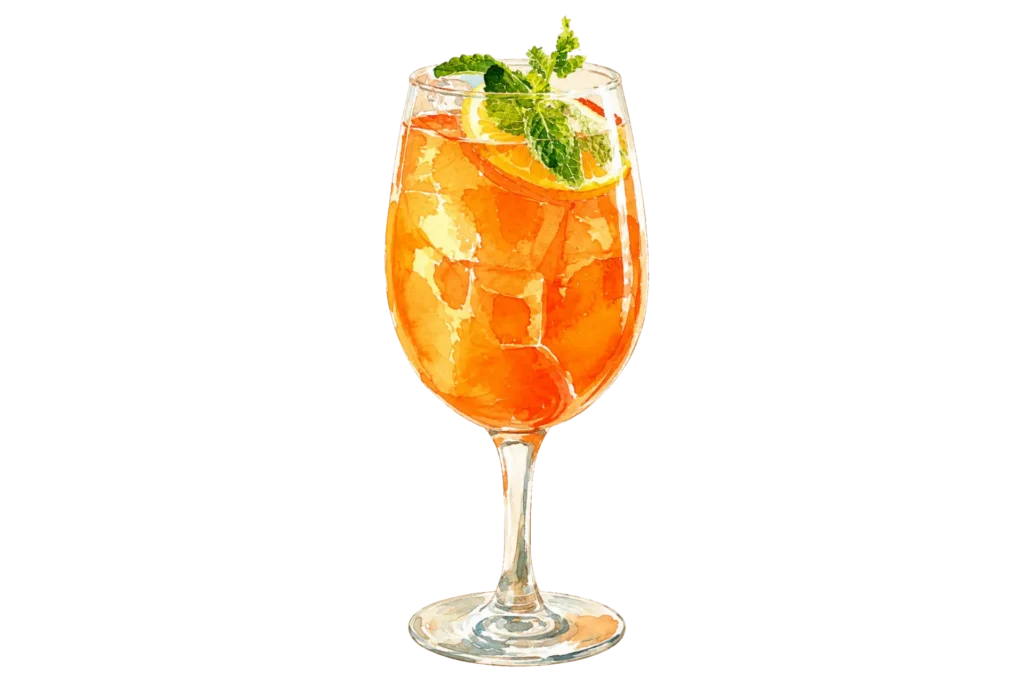 Orange spritz served over ice with citrus slices and fresh mint.