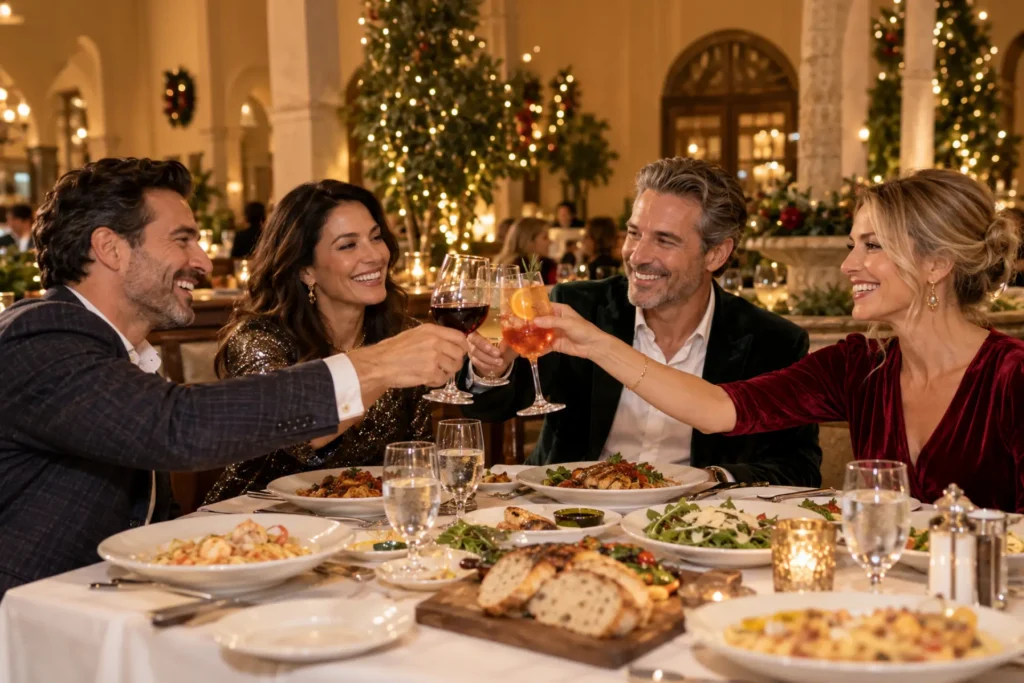Group of guests raising glasses over dinner at Brio in a warmly decorated holiday dining room.