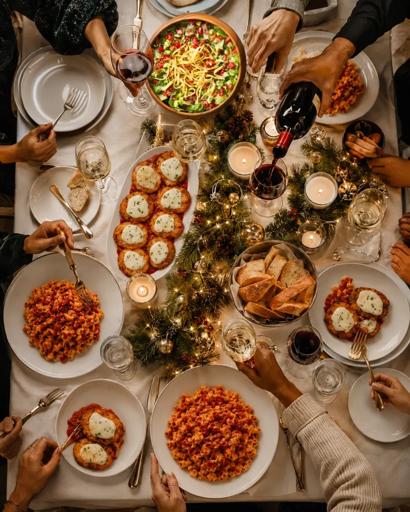 Overhead view of a Brio holiday table with pasta, salads, wine and festive greenery shared by a group.