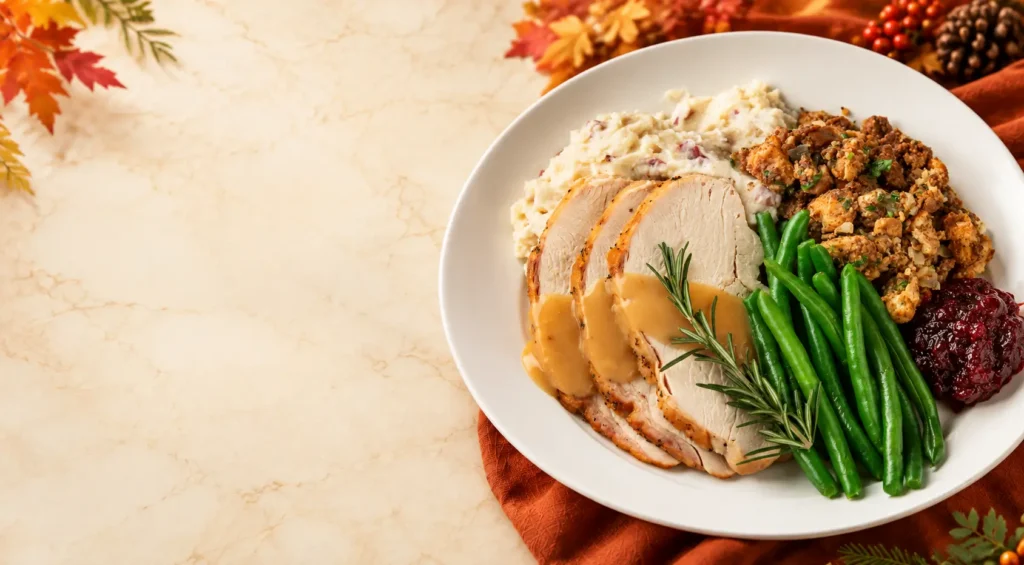 A plate of Thanksgiving turkey, mashed potatoes, stuffing and green beans from Brio