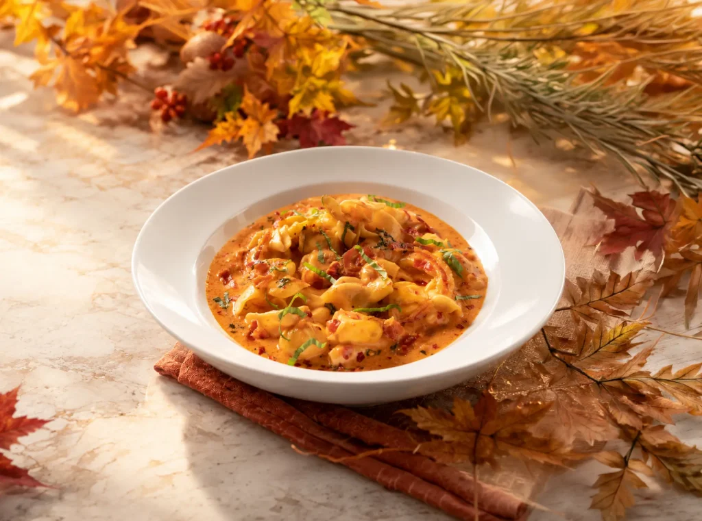 Brio pasta dish in a creamy tomato sauce surrounded by autumn leaves and seasonal decor.